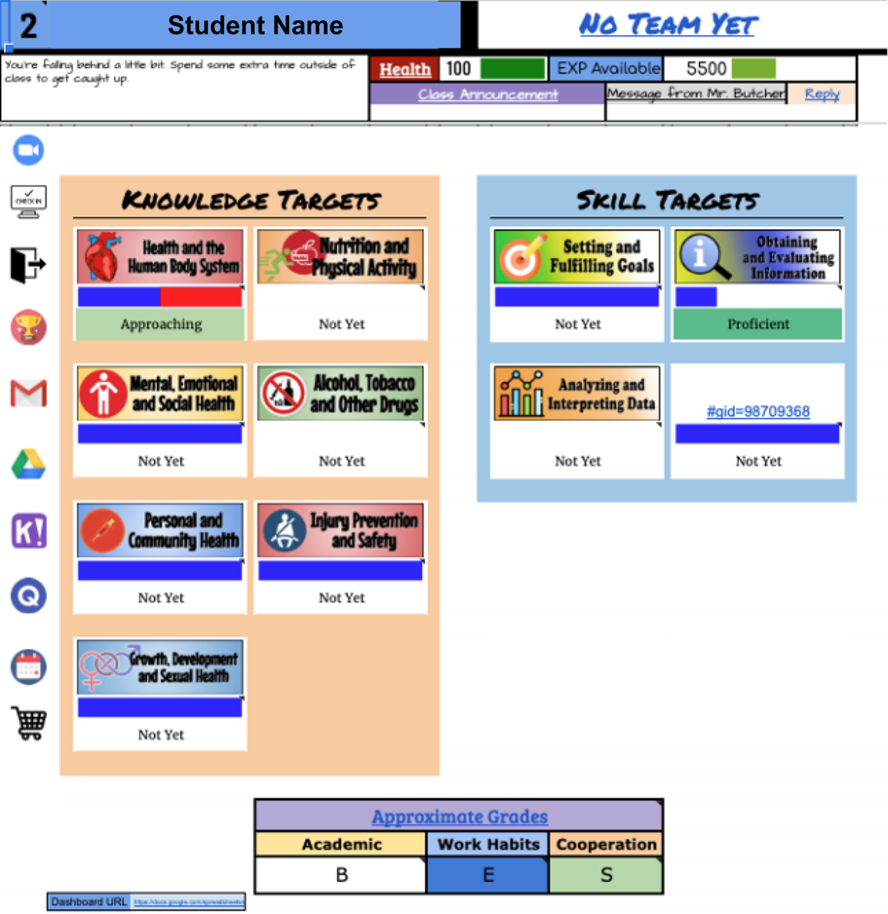 Flipt(ed) student home dashboard showing Knowledge Targets, Skill Targets, Health points, and EXP metrics